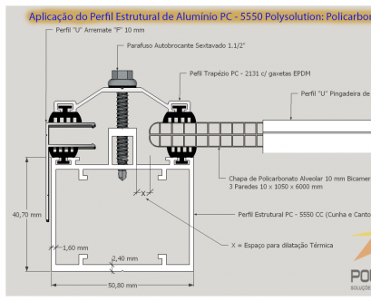 Perfil de aluminio Estrutural PC 5550 Policarbonato alveolar 10 mm bi-camera Polysolution