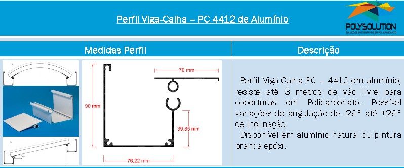 Linha de perfis de aluminio para Insalação de Policarbonato PC 4412 - 3 polegadas -Polysolution