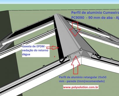 Cumeeira ou cumieira de aluminio para cobertura de Policarbonato ajustavel e regulável PC9090 com gaxeta de EPDM - barras de 6 metros - Polysolution